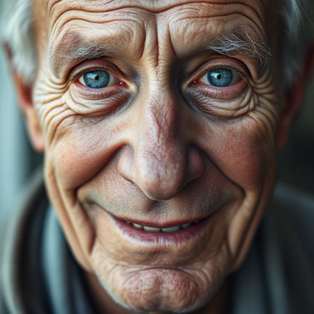 Portrait of a happy senior man with blue eyes looking at cameraの素材