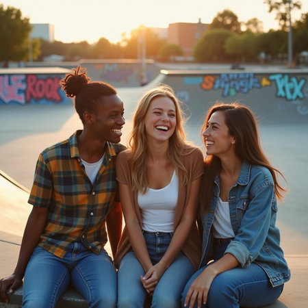 Three cheerful young women sitting on skateboard in skatepark, laughing and having fun.の素材