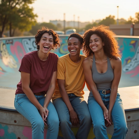 Portrait of three young African American women sitting at skateparkの素材