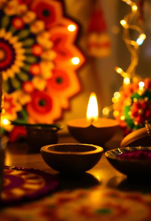 Happy Diwali - Clay Diya lamps lit during diwali celebration.の素材
