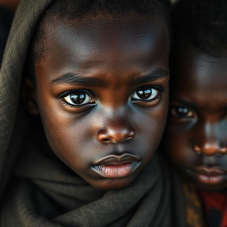 Portrait of a little African girl with black hair and brown eyes.の素材