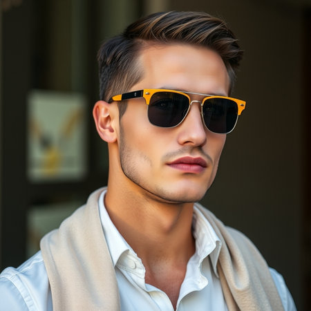 Portrait of a handsome young man wearing sunglasses. Men's beauty, fashion.の素材