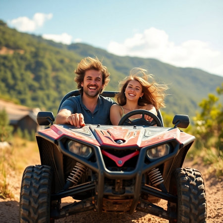 Happy young couple driving a quad bike on a dirt road in the countrysideの素材