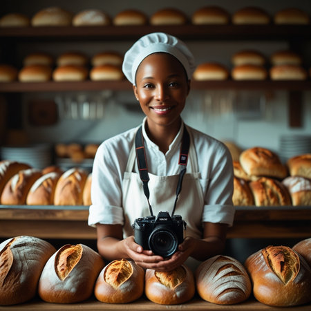 Portrait of happy African American female baker holding camera in bakeryの素材