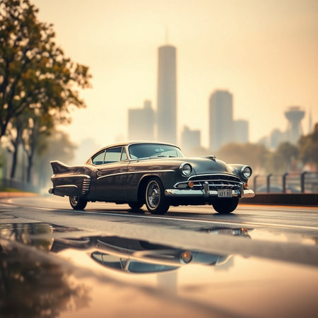 Classic car on the road in the city. Photo in old color image styleの素材