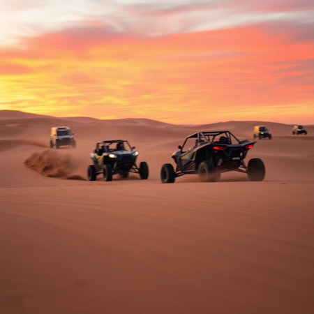 Two off-road vehicles driving through the sand dunes at sunsetの素材