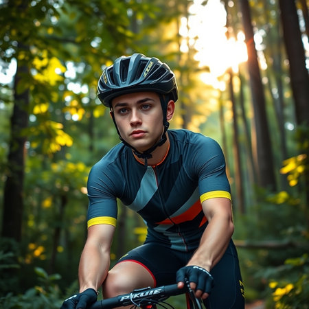 Cyclist Riding the Bike on the Trail in the Beautiful Summer Forest.の素材