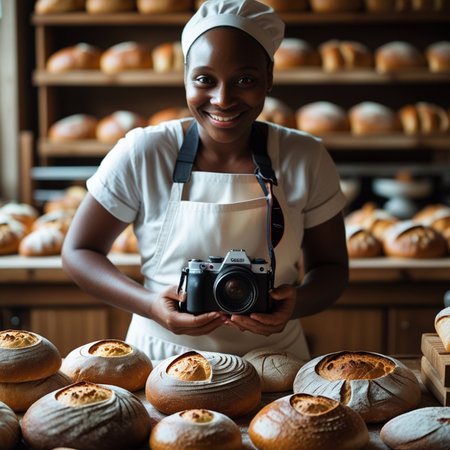 african american female baker holding camera and smiling at camera in bakeryの素材
