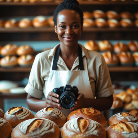 Portrait of happy african american female staff holding camera in bakeryの素材