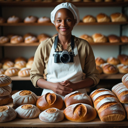 Portrait of smiling African American female baker holding camera in bakeryの素材