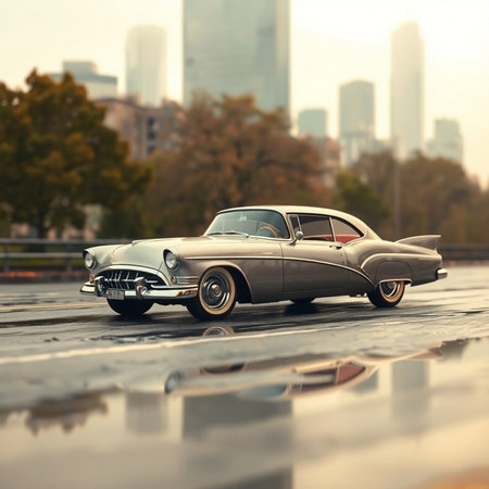 Vintage car on the background of the city. 3d renderingの素材