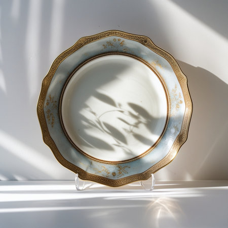 Vintage porcelain plate with shadow on white wall background.の素材