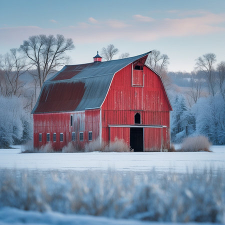 A red barn stands in a snowy field at sunset in winter.の素材