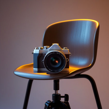 Retro camera on an office chair in the light of a lampの素材