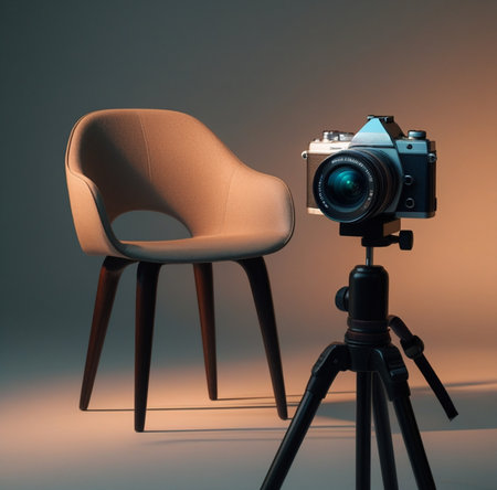 Retro camera and chair on a tripod. 3d rendering.の素材