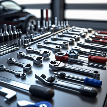 3D Illustration of a set of tools in a car serviceの素材