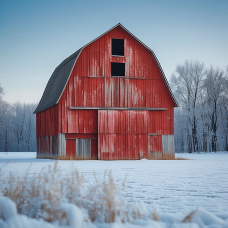 Red Barn on a Frosty Winter Day - Retro Style Toned Pictureの素材