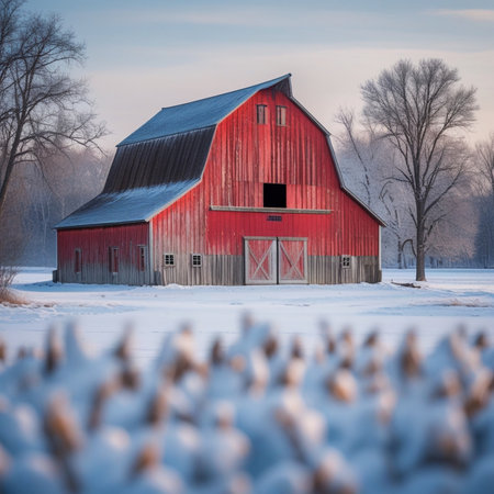 Red Barn in Winter with Flock of Fuzzy Fowlsの素材