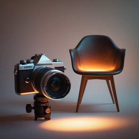 Retro camera with leather armchair on gray background. 3d renderingの素材