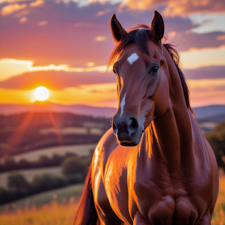 Portrait of a horse against the backdrop of a beautiful sunset.の素材