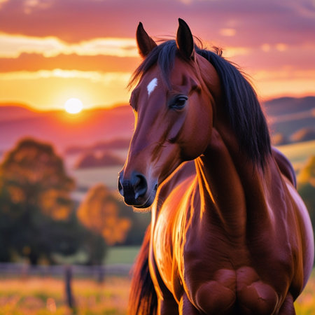 Beautiful bay horse portrait at sunrise in the meadow. Animal portraitの素材