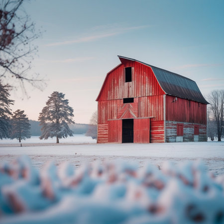Red Barn on a Frozen Lake in Winter, Minnesota, USA.の素材