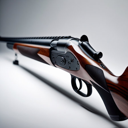 Hunting rifle on a gray background. Close-up shot.の素材