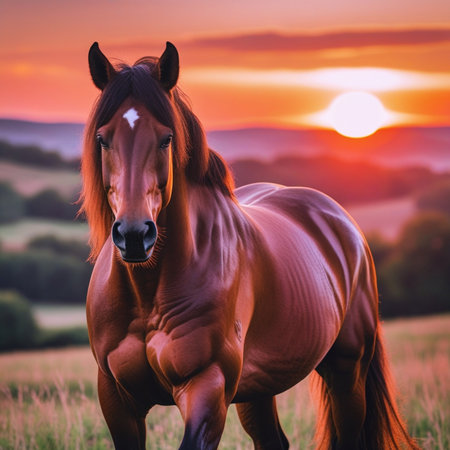 Portrait of a bay horse in the field at sunset. beautiful petの素材