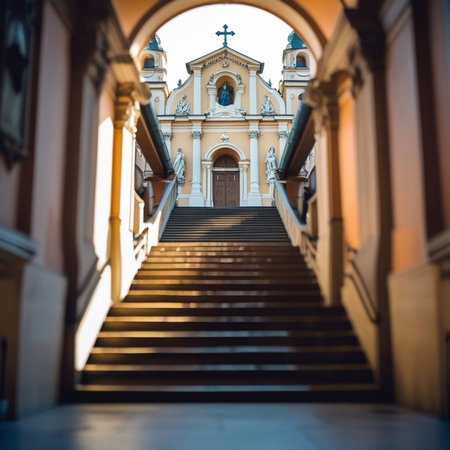 Stairs leading to the church in the old town of Lviv, Ukraineの素材