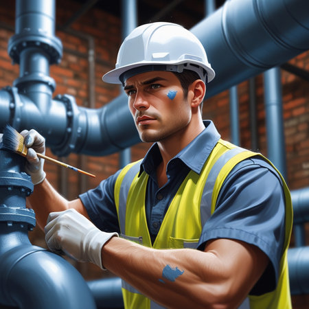 Portrait of a young male worker on the background of pipes.の素材