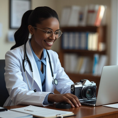 Portrait of happy African American female doctor in eyeglasses sitting at desk with laptop computer and looking at camera. Smiling female physician in white coat and stethoscope. Medicine conceptの素材