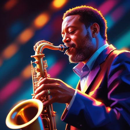 African american jazz musician playing the saxophone on a colorful background.の素材