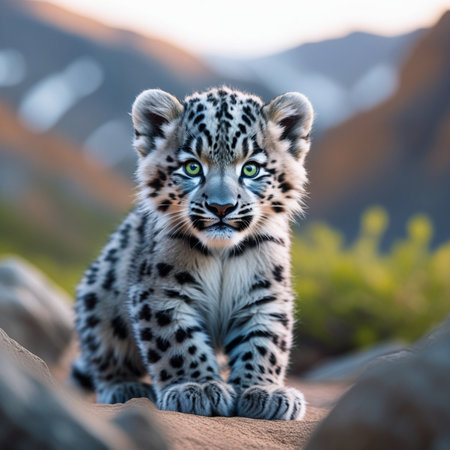 Snow leopard (Panthera pardus) sitting on a rockの素材