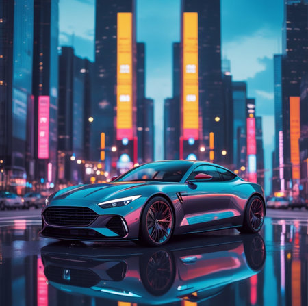 3D rendering of a brand-less generic concept car in the cityの素材
