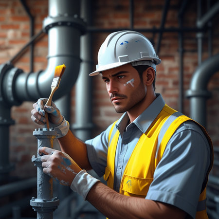 3D rendering of a male construction worker painting a pipe in a factoryの素材