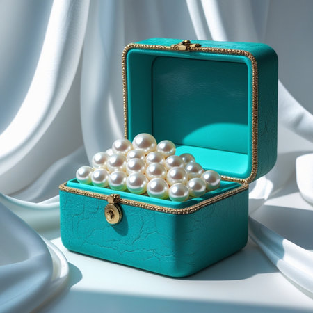 Jewelry box with pearls on a white silk background.の素材