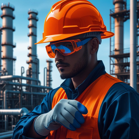 Portrait of a handsome young man in a hard hat and safety goggles on the background of a refineryの素材