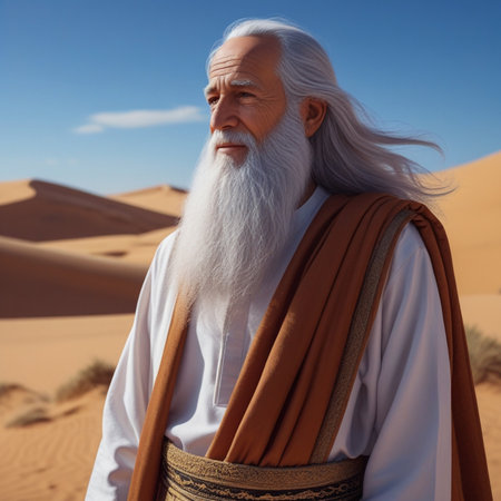 Mature bearded man with long white beard in the middle of the desertの素材