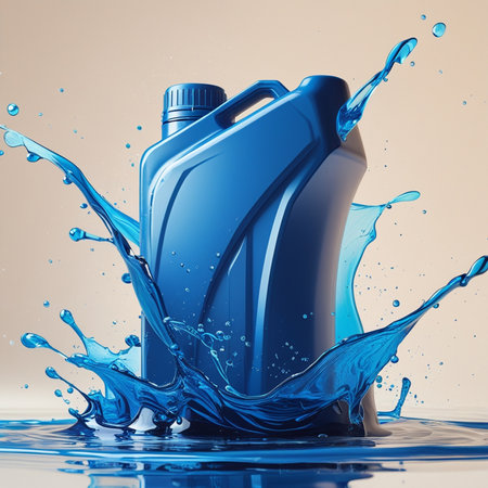 Blue canister with motor oil in water splash, 3d renderingの素材
