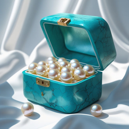 Jewelry box with pearls on white silk background. 3d illustrationの素材