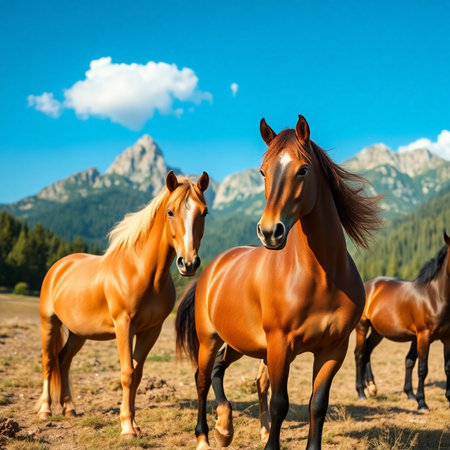 Horses in the meadow on a background of mountains and blue skyの素材