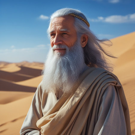 Mature bearded man with white beard in the middle of the desertの素材