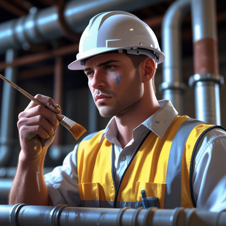 Portrait of a male worker in a yellow uniform and a white helmet.の素材