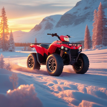The quad bike stands in the snow in the mountains at sunset.の素材
