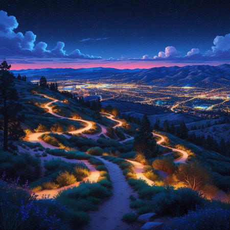 Fantasy night landscape with road and mountains. 3D illustration.の素材