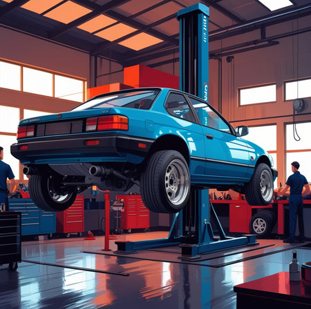3d rendering of a car in a repair shop with workers on the backgroundの素材