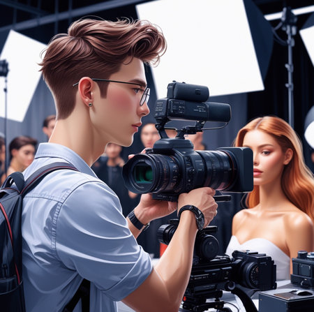 Professional videographer working with digital camera in studio. Professional photographer working with professional equipment.の素材