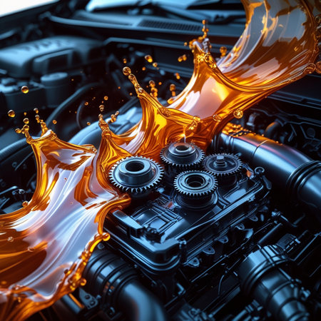 Car engine with gear wheels and oil splash. 3d illustration.の素材