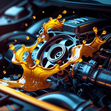 3d rendering of a car engine with oil splash in the foregroundの素材