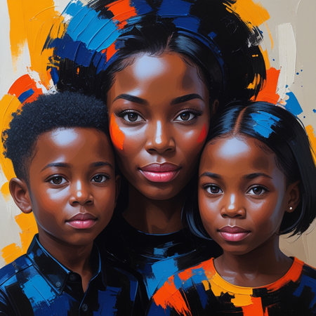 group of African American girls with creative make up on colorful backgroundの素材